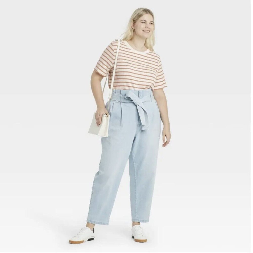 New A New Day Women's Striped Short Sleeve Ribbed T-Shirt Beige & White - Picture 3 of 4